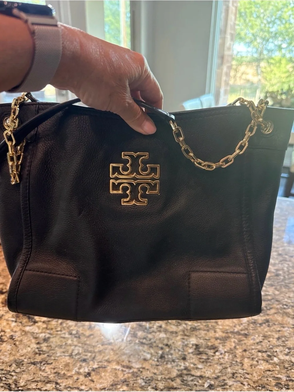 Tory Burch Black Leather Tote with Gold Chain Handles